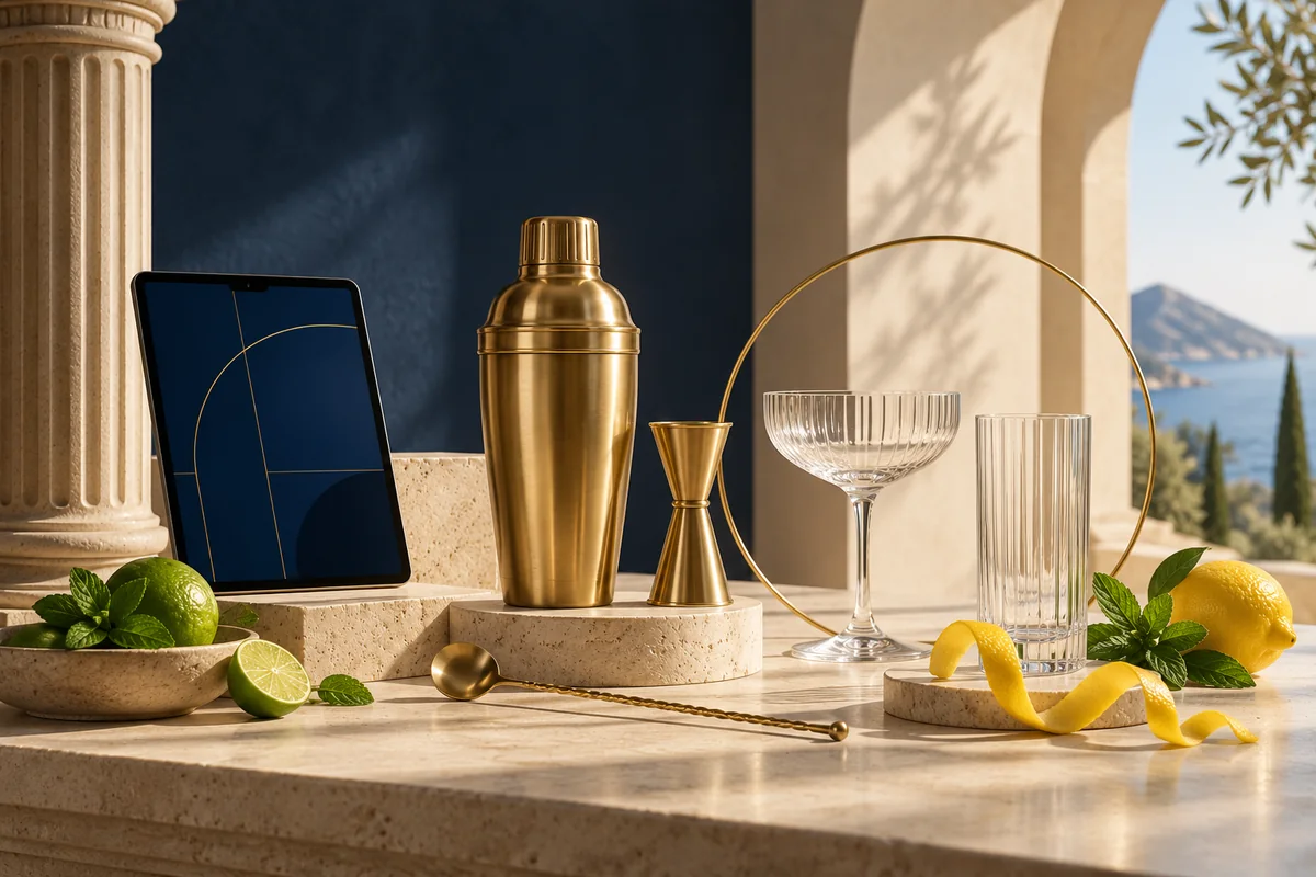 Goldener Shaker, Jigger, leere Gläser und Zitrusfrüchte mit Tablet auf Stein · KI-Illustration