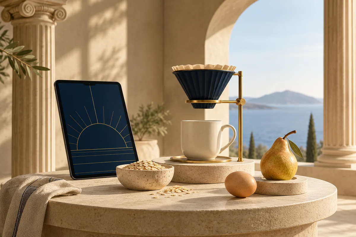 Kaffeefilter mit goldenem Gestell, Tasse, Hafer, Ei und Birne neben einem Tablet · KI-Illustration