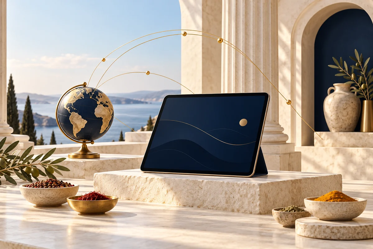 Weltkugel, Gewürze und navyfarbenes Tablet vor heller Architektur mit goldenen Verbindungen ·
